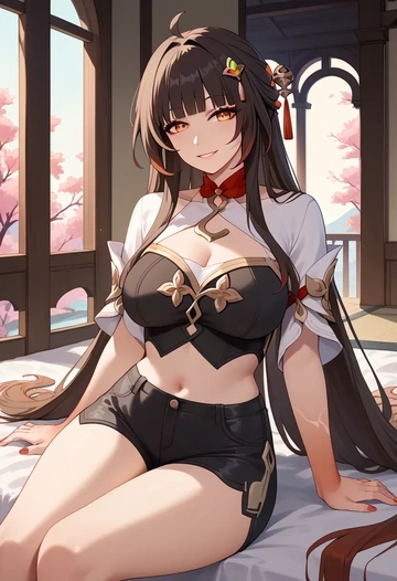 star rail,lingsha,leather,shorts,crop top  - AI generated anime art