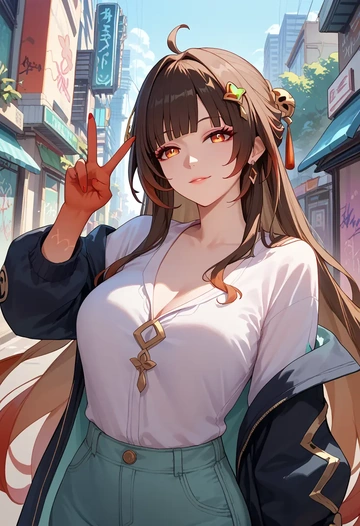 star rail,lingsha,neon graffiti top,dolphin shorts  - AI generated anime art