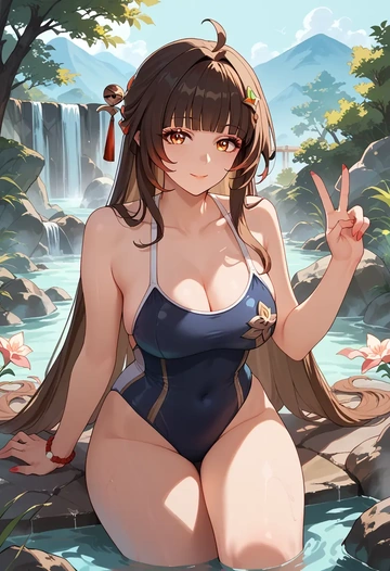 star rail,lingsha,retro style swimsuit,frilled neckline,bow detail  - AI generated anime art