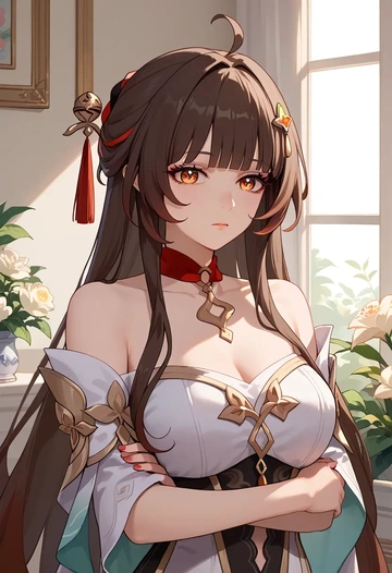 star rail,lingsha,off-shoulder top,dolphin shorts  - AI generated anime art