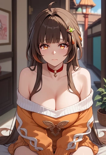 star rail,lingsha,orange,sweater,choker  - AI generated anime art