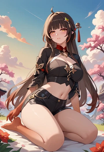 star rail,lingsha,leather,shorts,crop top  - AI generated anime art