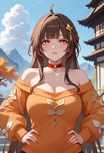 star rail,lingsha,orange,sweater,choker  - AI generated anime art