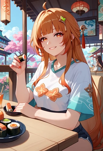 star rail,lingsha,cropped graffiti sweatshirt,dolphin shorts  - AI generated anime art