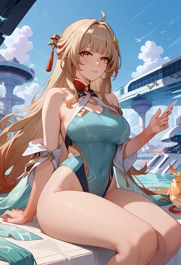 star rail,lingsha,racerback swimsuit,striped trim,name tag patch  - AI generated anime art