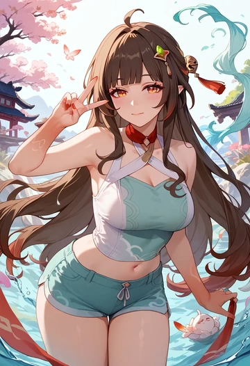 star rail,lingsha,sleeveless swim top,shorts-style bottom,contrast stitching  - AI generated anime art