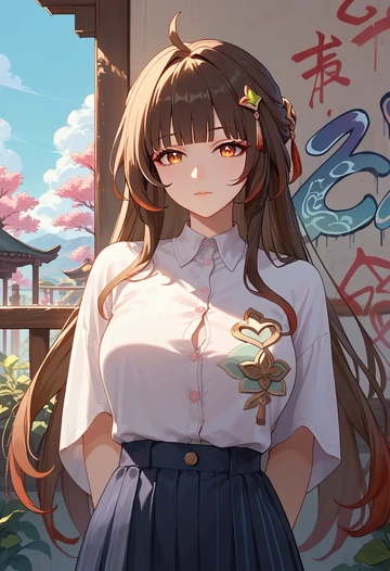 star rail,lingsha,oversized graffiti shirt,dolphin shorts  - AI generated anime art