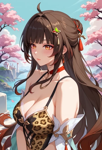 star rail,lingsha,leopard print,silk slip dress  - AI generated anime art