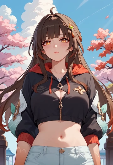 star rail,lingsha,crop hoodie,shorts  - AI generated anime art