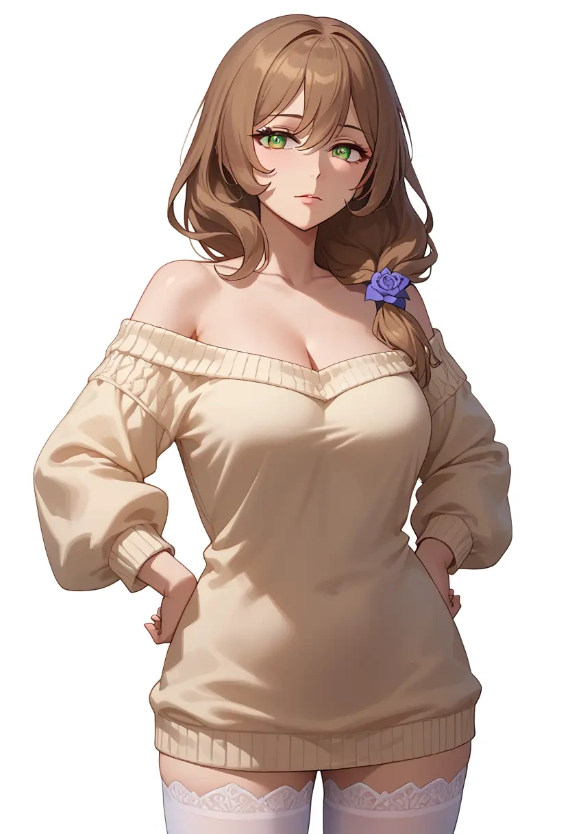 genshin impact,lisa_(genshin_impact),Hands on hips,off-shoulder,sweater,stockings  - 