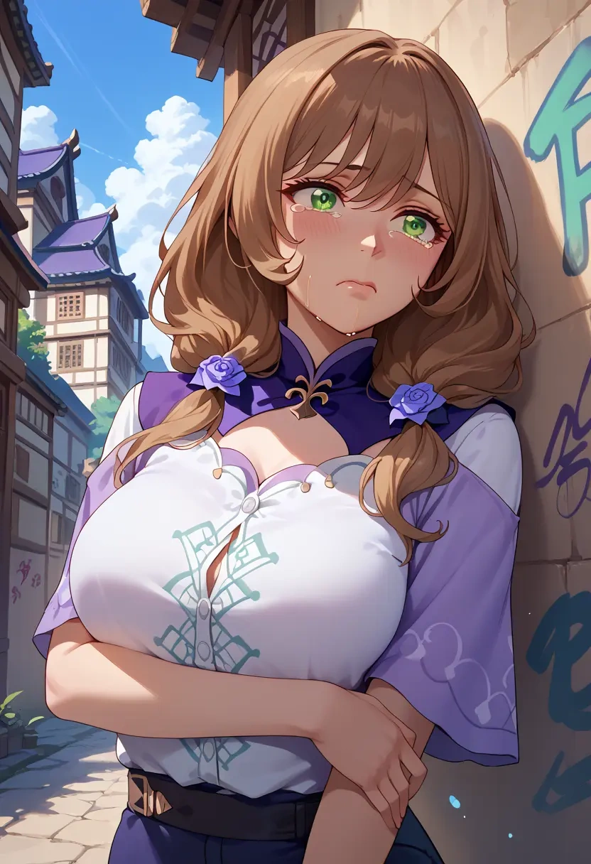 genshin impact,lisa_(genshin_impact),oversized graffiti shirt,dolphin shorts  - 