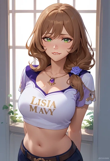 genshin impact,lisa_(genshin_impact),crop top,athletic shorts  - AI generated anime art