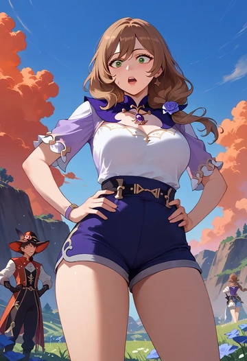 genshin impact,lisa_(genshin_impact),jogger shorts,oversized tank  - AI generated anime art