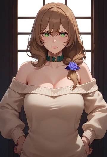 genshin impact,lisa_(genshin_impact),sweater,off-shoulder,collar  - AI generated anime art