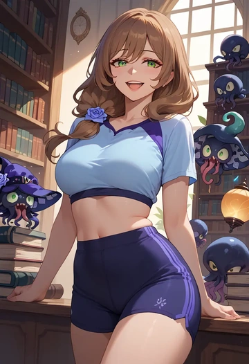 genshin impact,lisa_(genshin_impact),sports crop,high-waisted shorts  - AI generated anime art