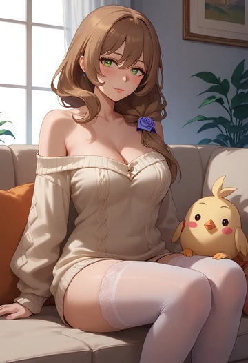 genshin impact,lisa_(genshin_impact),blushing,off-shoulder,sweater,stockings  - AI generated anime art