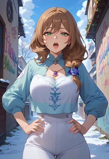 genshin impact,lisa_(genshin_impact),cropped graffiti sweatshirt,dolphin shorts  - AI generated anime art