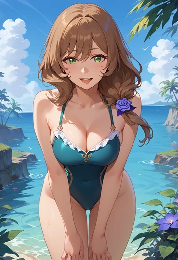 genshin impact,lisa_(genshin_impact),retro style swimsuit,frilled neckline,bow detail  - AI generated anime art