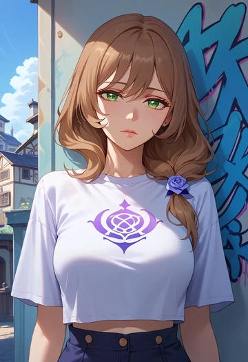 genshin impact,lisa_(genshin_impact),cropped graffiti sweatshirt,dolphin shorts  - AI generated anime art