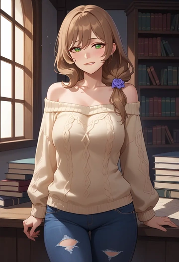 genshin impact,lisa_(genshin_impact),sweater,off-shoulder,ripped jeans  - AI generated anime art