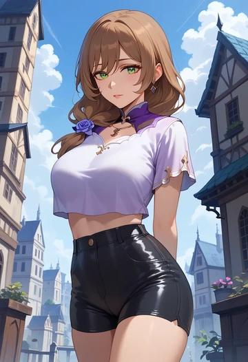 genshin impact,lisa_(genshin_impact),leather,shorts,crop top  - AI generated anime art