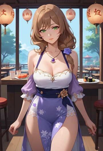 genshin impact,lisa_(genshin_impact),silk slip dress,floral prints  - AI generated anime art