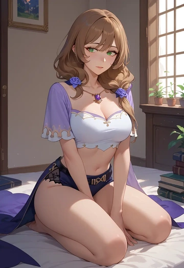 genshin impact,lisa_(genshin_impact),crop top,loose joggers,headset  - AI generated anime art