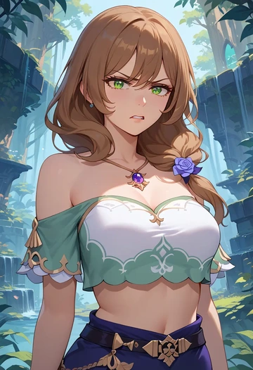 genshin impact,lisa_(genshin_impact),off-shoulder top,dolphin shorts  - AI generated anime art