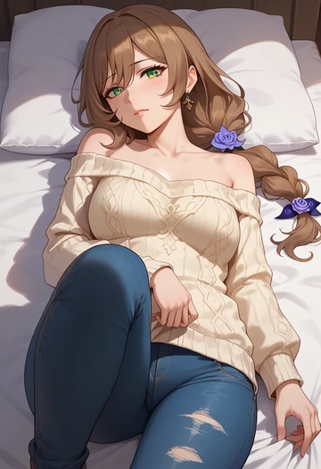 genshin impact,lisa_(genshin_impact),sweater,off-shoulder,ripped jeans  - AI generated anime art