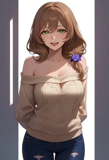 genshin impact,lisa_(genshin_impact),sweater,off-shoulder,ripped jeans  - AI generated anime art