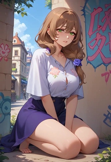 genshin impact,lisa_(genshin_impact),oversized graffiti shirt,dolphin shorts  - AI generated anime art