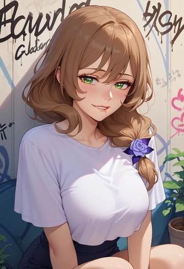 genshin impact,lisa_(genshin_impact),crop graffiti tee,dolphin shorts  - AI generated anime art