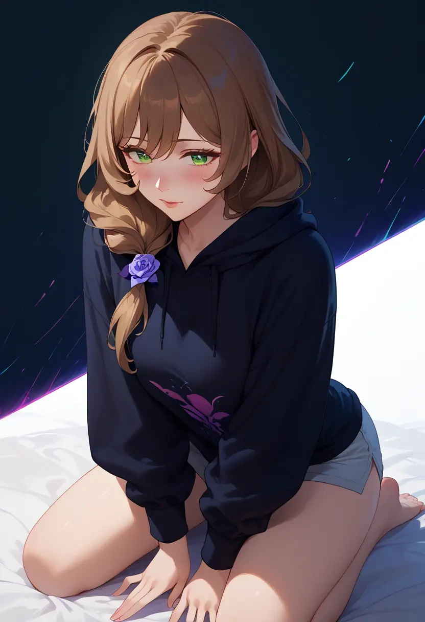 genshin impact,lisa_(genshin_impact),oversized graphic hoodie,thigh-high socks,shorts  - 