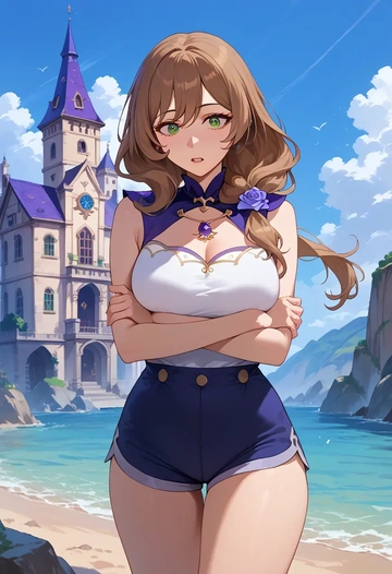 genshin impact,lisa_(genshin_impact),sleeveless swim top,shorts-style bottom,contrast stitching  - AI generated anime art