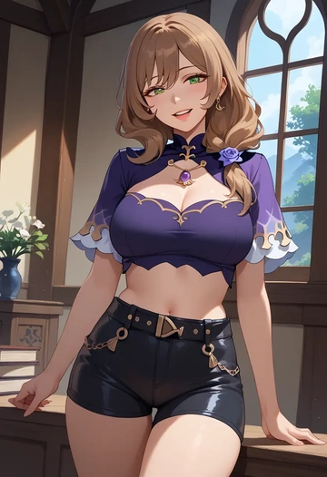 genshin impact,lisa_(genshin_impact),leather,shorts,crop top  - AI generated anime art