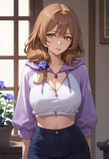 genshin impact,lisa_(genshin_impact),crop hoodie,shorts  - AI generated anime art