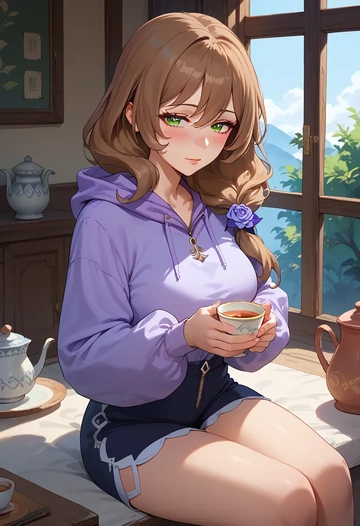 genshin impact,lisa_(genshin_impact),crop hoodie,shorts  - AI generated anime art