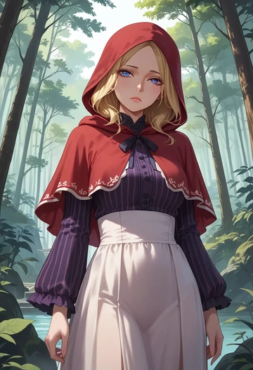 little_red_riding_hood,little_red_riding_hood_(grimm),long-sleeve striped tee,pleated skirt,fishnet stockings  - AI generated anime art