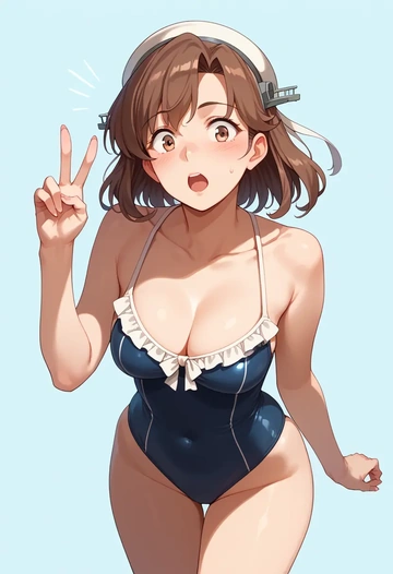 kantai_collection,littorio_(kancolle),retro style swimsuit,frilled neckline,bow detail  - AI generated anime art