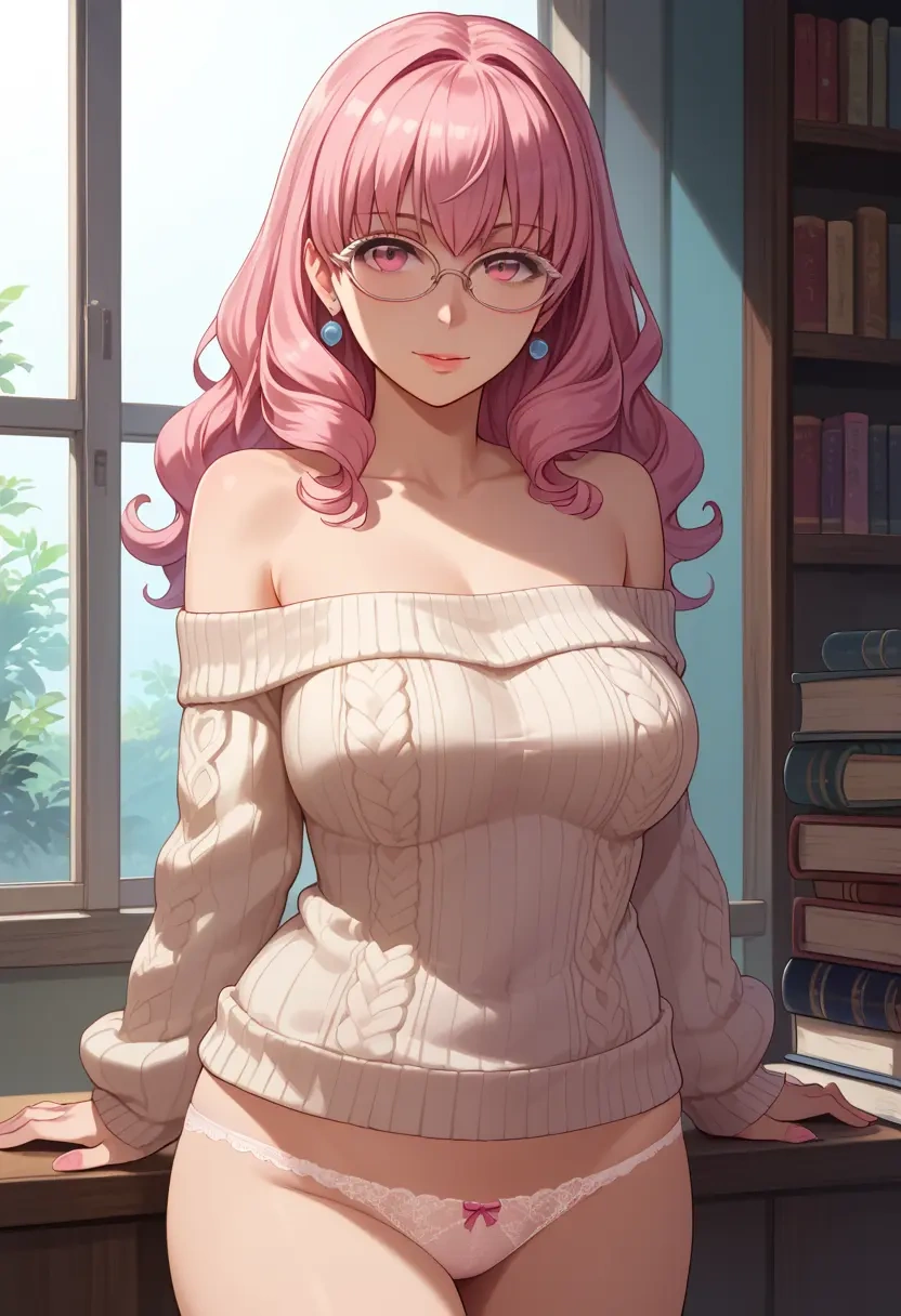 zero_no_tsukaima,louise_francoise_le_blanc_de_la_valliere,off-shoulder,panties,glasses,sweater  - 