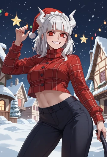 helltaker,lucifer_(helltaker),Christmas,plaid trousers  - AI generated anime art