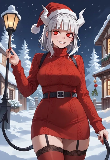 helltaker,lucifer_(helltaker),Christmas,sweater dress,stockings  - AI generated anime art