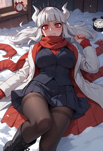 helltaker,lucifer_(helltaker),winter,student uniform,puffer jacket  - AI generated anime art