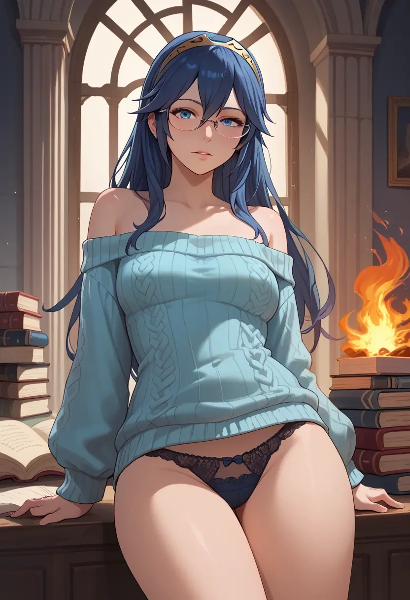 fire_emblem,lucina_(fire_emblem),off-shoulder,panties,glasses,sweater  - 