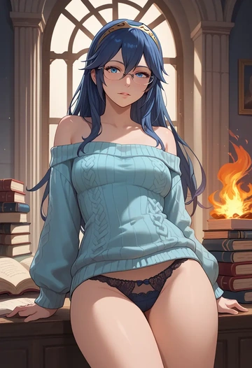 fire_emblem,lucina_(fire_emblem),off-shoulder,panties,glasses,sweater  - AI generated anime art