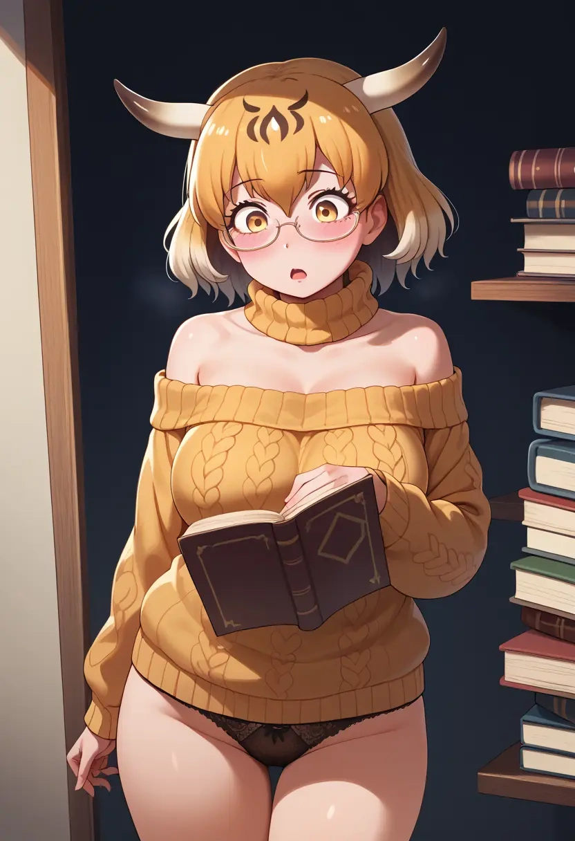 kemono_friends,lucky_beast_(kemono_friends),sweater,panties,off-shoulder,glasses,sexy  - 