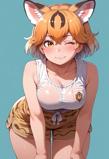 kemono_friends,lucky_beast_(kemono_friends),sleeveless swim top,shorts-style bottom,contrast stitching  - AI generated anime art