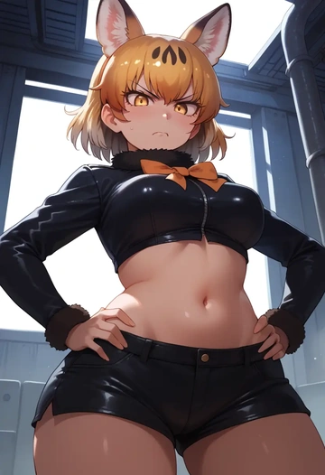 kemono_friends,lucky_beast_(kemono_friends),leather,shorts,crop top  - AI generated anime art