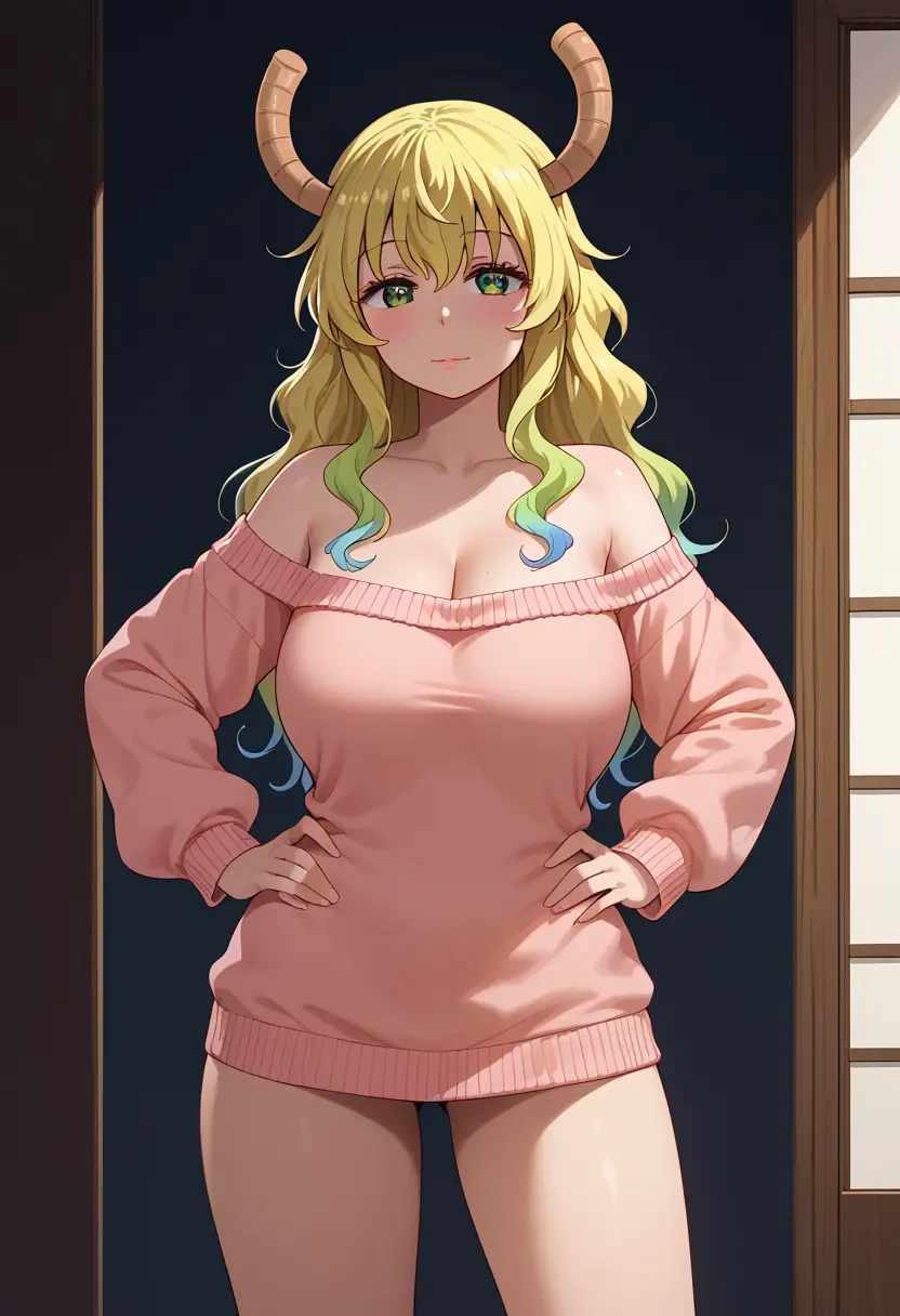 kobayashi-san_chi_no_maidragon,lucoa_(maidragon),Hands on hips,off-shoulder,sweater  - 