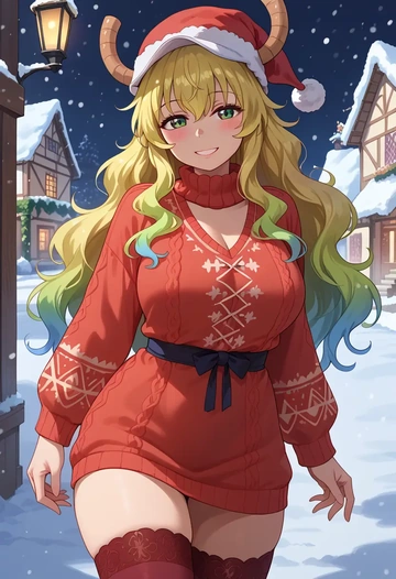 kobayashi-san_chi_no_maidragon,lucoa_(maidragon),Christmas,sweater dress,stockings  - AI generated anime art